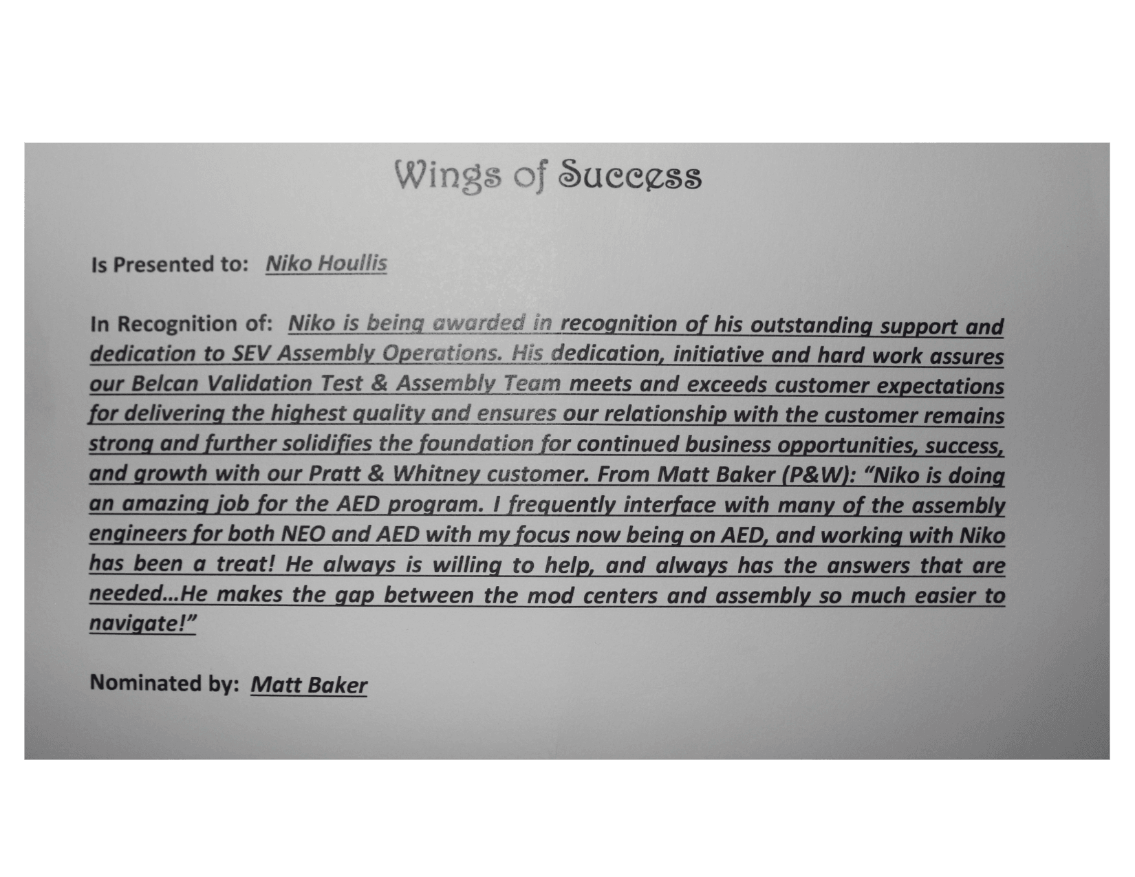 Eagle Award — SEV Assembly Operations